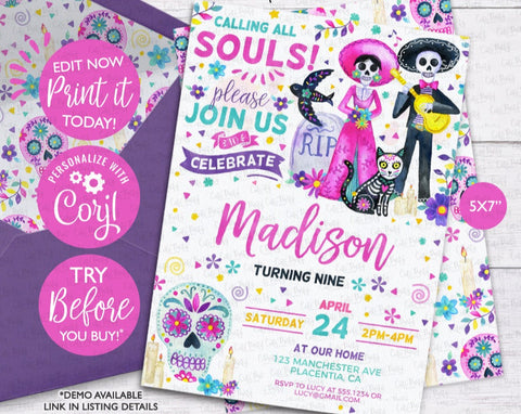 Dia de los muertos Birthday, Day of the Dead Birthday Invitation - Digital Download