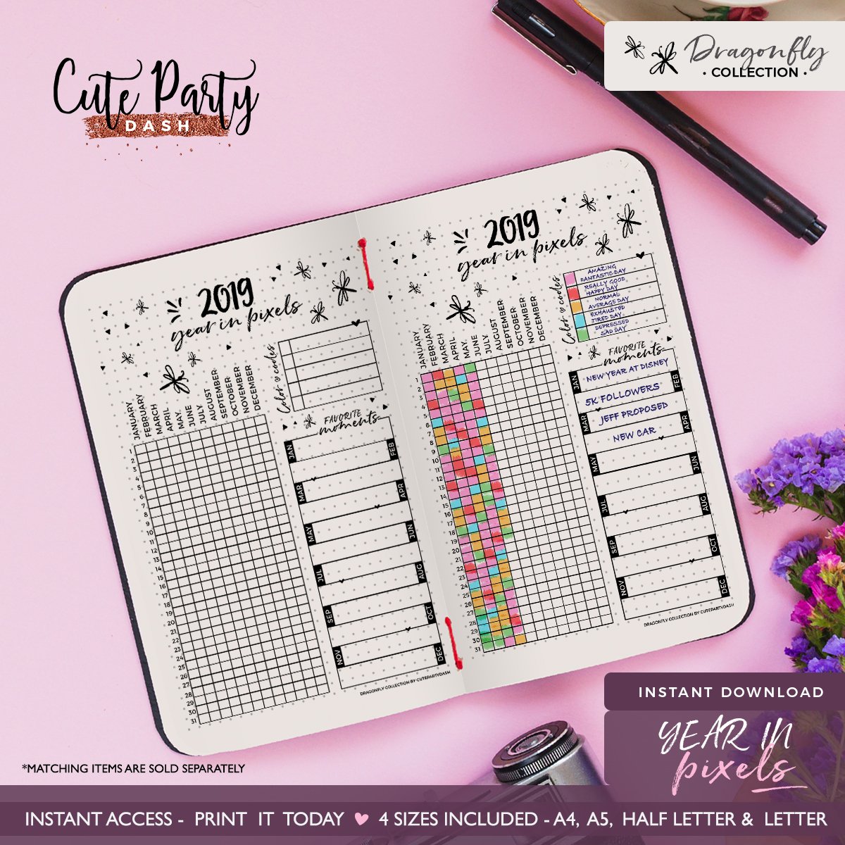 Bullet Journal Printable 2021 Year in Pixels Mood Tracker Cute Party Dash