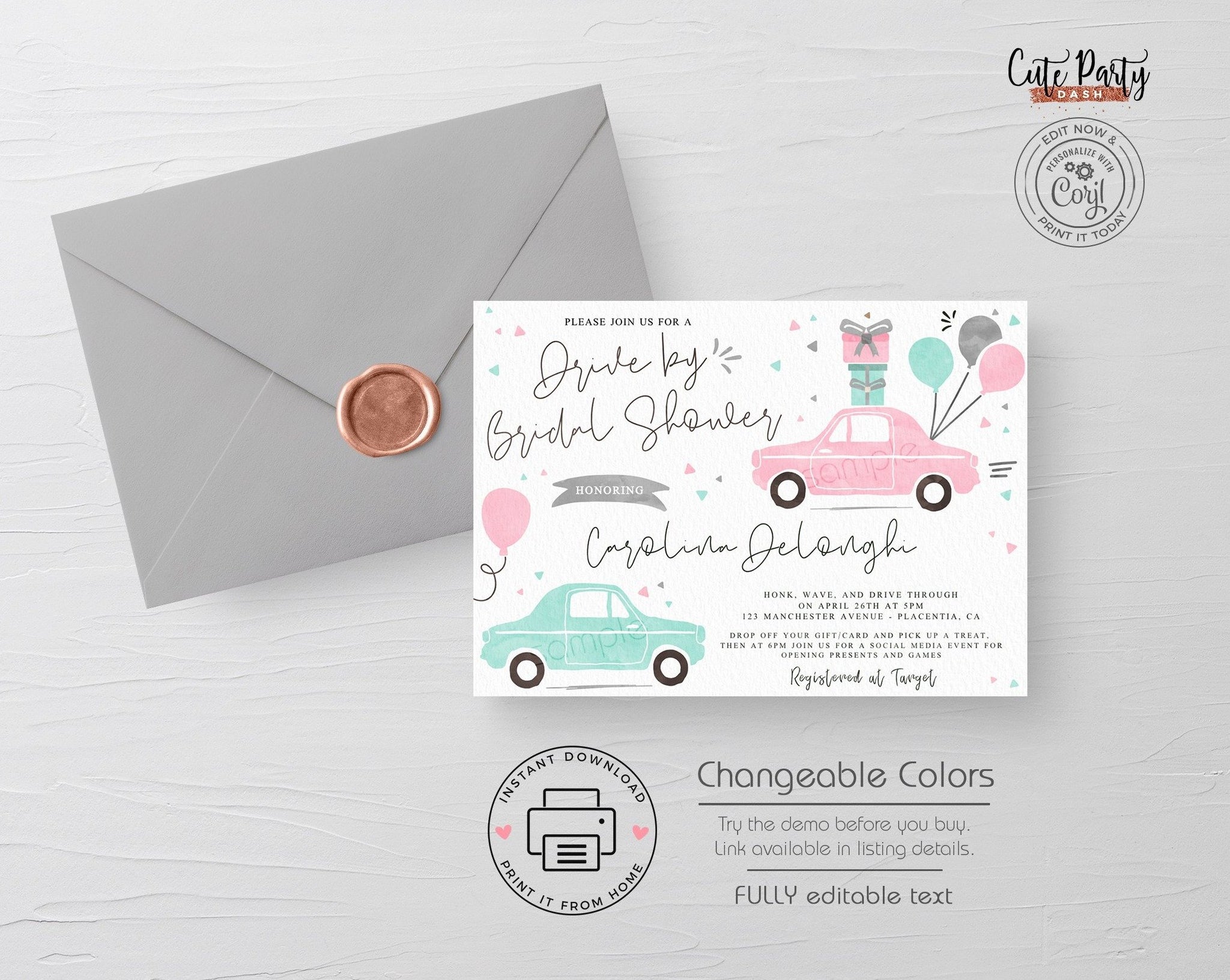 Drive by Bridal Shower invitation - Digital Download - Cute Party Dash