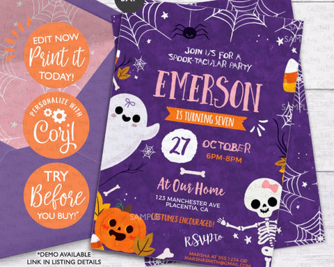 Halloween Birthday Girl Purple Invitation - Digital Download