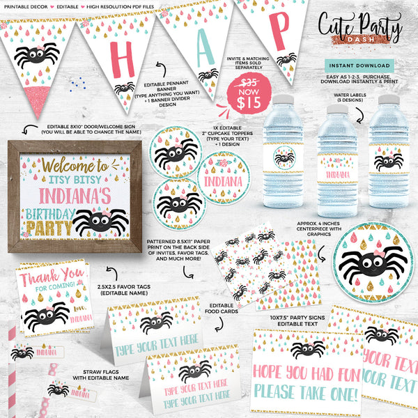 Editable Itsy Bitsy spider First birthday Girl decorations