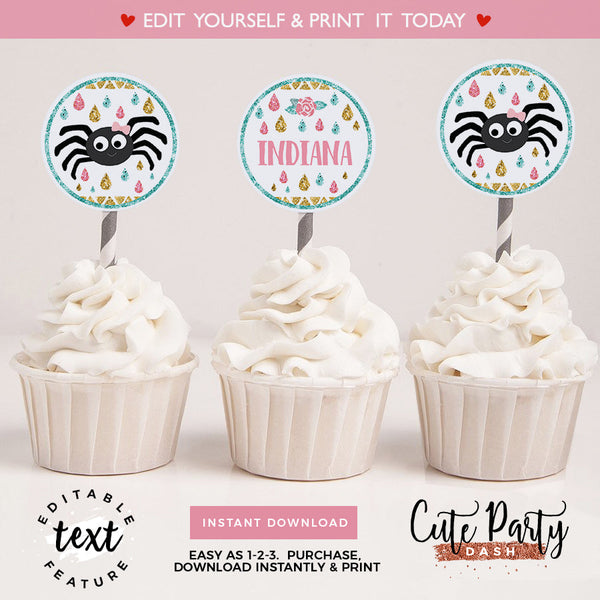 Editable Itsy Bitsy spider First birthday Girl cupcake topper