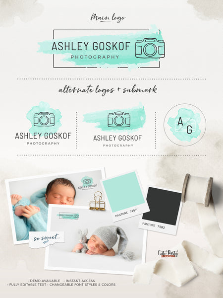 Watercolor Photography Logo Design Template - Premade Logo