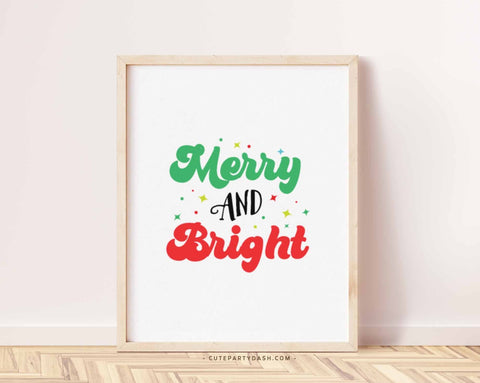Merry and Bright Sign, Merry & Bright Print, Retro Christmas Poster, Groovy Christmas - Instant Download