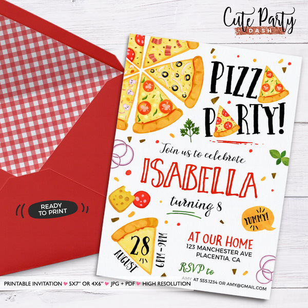 Pizza Party Birthday Party Invitation - Digital Download