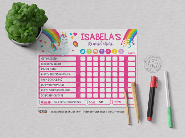 Editable Unicorn Rainbow Reward Chart for kids and toddlers - Digital Download