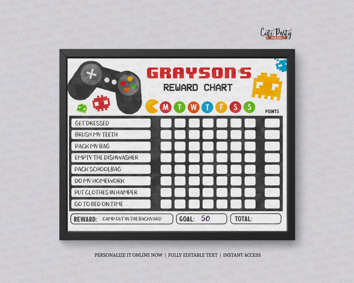 Editable Video Game Reward Chart for kids – Cute Party Dash