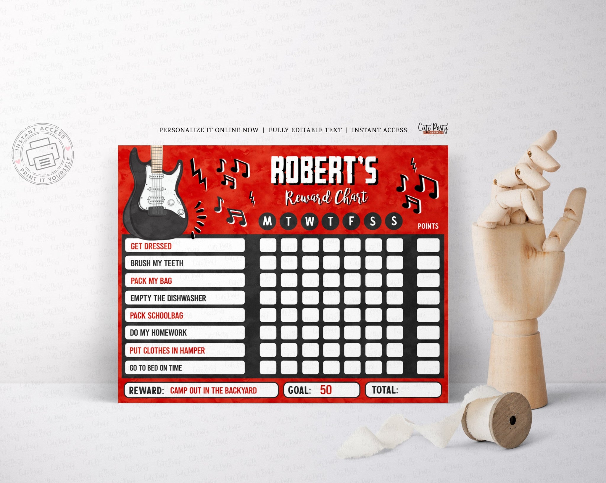 Editable Guitar Reward Chart for kids - Digital Download