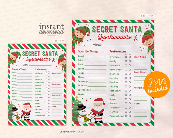 Christmas Secret Santa Questionnaire, Printable Holidays Wish List template - Instant Download