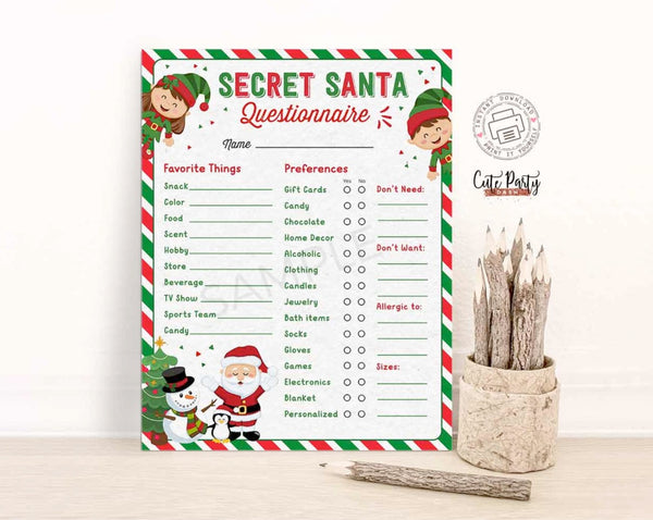 Christmas Secret Santa Questionnaire, Printable Holidays Wish List tem ...