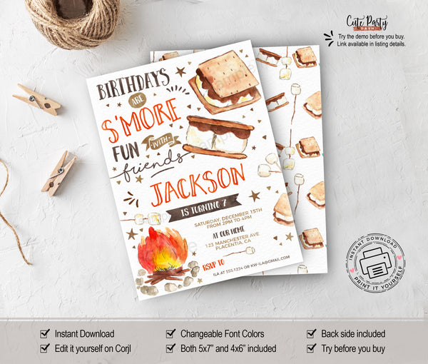 S'mores Birthday Party Invitation - Digital Download