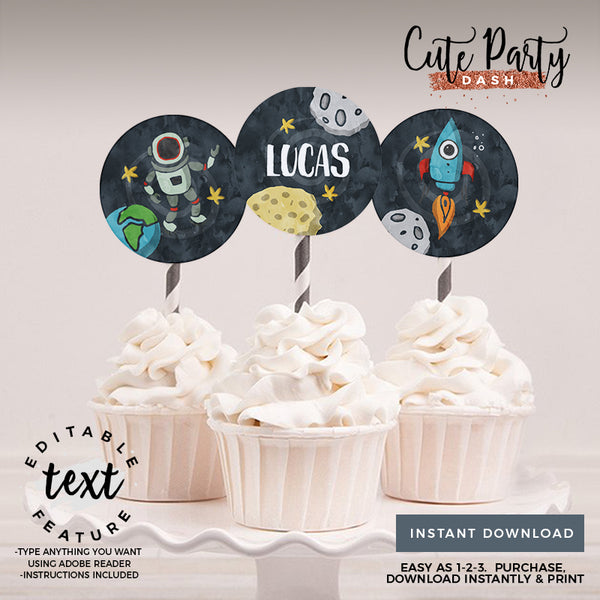 Astronaut Space Birthday invitation Template, EDITABLE Outer space birthday cupcake topper