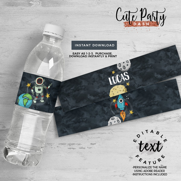 Astronaut Space Birthday invitation Template, EDITABLE Outer space birthday water bottle labels
