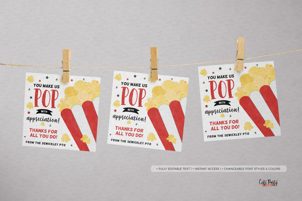 You Make Us Pop with Appreciation PopCorn Gift Tag - Digital Download