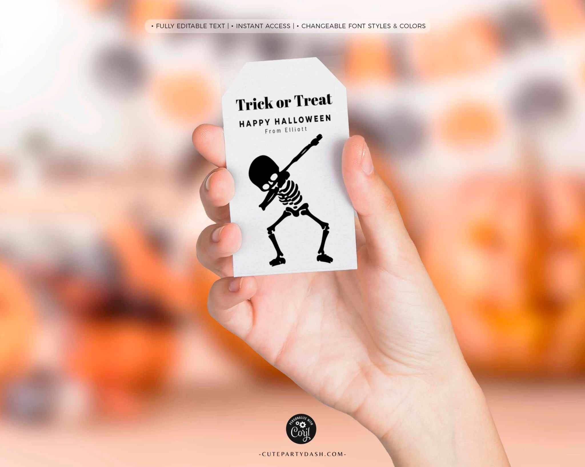 Halloween Minimalist Trick or Treat Gift Tag, Dabbing Skeleton Gift tag - Digital Download