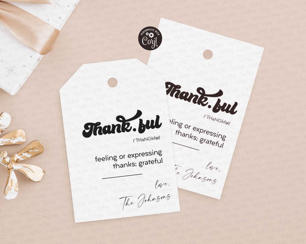 Minimalist Thankful Definition Gift Tag, Fall Appreciation Favor Tags - Digital Download