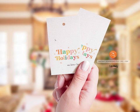 Retro Happy Holidays gift Tags, Editable Happy Holidays hang Tag - INSTANT ACCESS