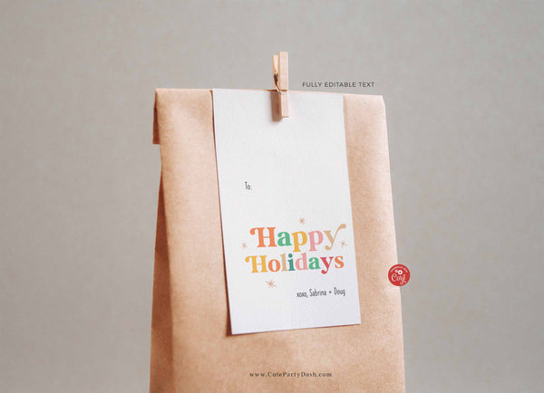 Retro Happy Holidays gift Tags, Editable Happy Holidays hang Tag - INSTANT ACCESS