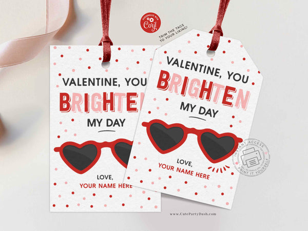 Heart Sunglasses Valentine's Day Tag, Non-Candy You brighten my day Valentines gift tag - Instant Download