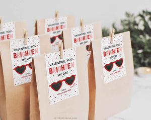 Heart Sunglasses Valentine's Day Tag, Non-Candy You brighten my day Valentines gift tag - Instant Download
