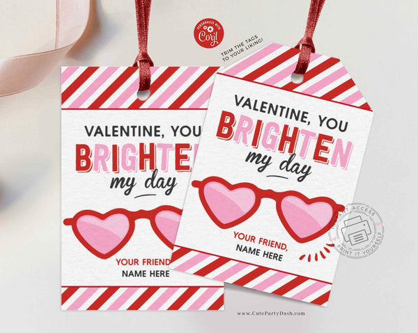 Heart Sunglasses Valentine's Day Tag, Non-Candy You brighten my day Valentines gift tag - Instant Download