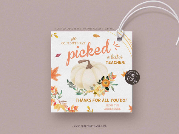 Couldn't have Picked a Better Teacher Appreciation Fall Thanksgiving Gift Tag - Digital Download