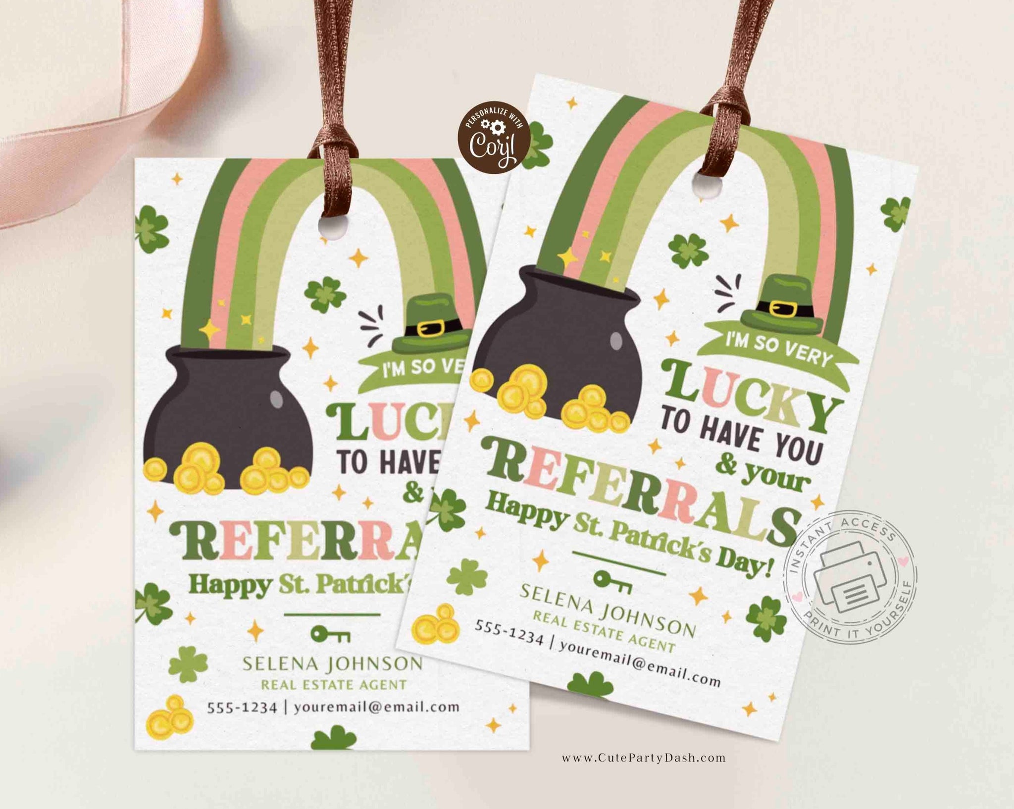 Lucky to Have your Referrals Realtor Pop by St. Patrick’s Day Gift Tag for clients - Instant Download