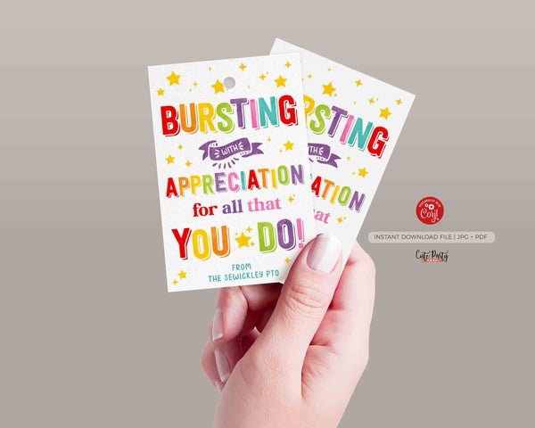 Bursting Appreciation Printable Gift Tag, Star Staff Teacher Appreciation, Team Member Printable favor treat tag - INSTANT Download