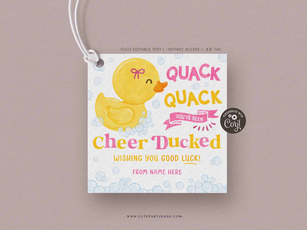 Editable You've been Cheer Ducked Tag, Cheerleader good luck treat tag, Cheer Team Printable Duck Tag - INSTANT Download