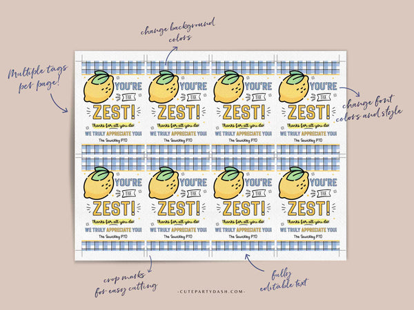 Lemons Gift Tags Zest Lemon Themed Gift for Teacher Appreciation Week Editable Printable Team Member Volunteer Thank You INSTANT DOWNLOAD