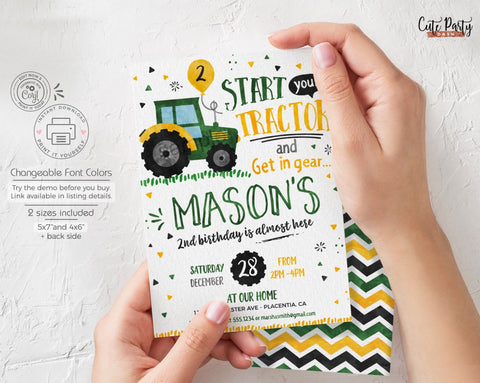 Green Tractor Birthday Party Invitation - Digital Download - Cute Party Dash