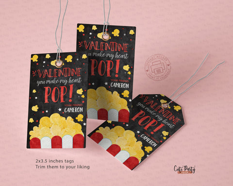 Popcorn Valentine's Day You make my heart Pop Favor Tags - Digital Download