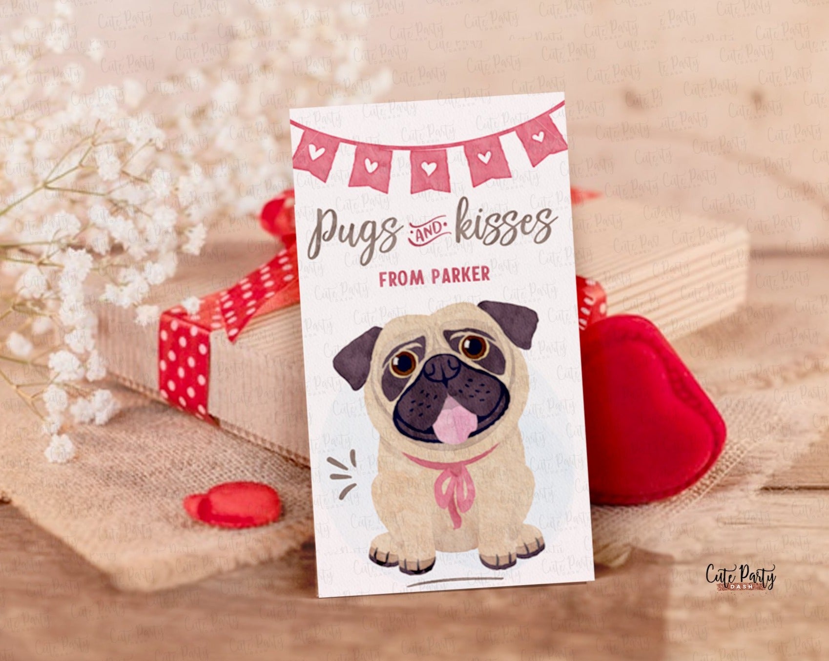 Pugs and Kisses Pug Valentine's Day Gift Tag - Digital Download