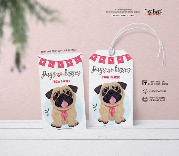 Pugs and Kisses Pug Valentine's Day Gift Tag - Digital Download