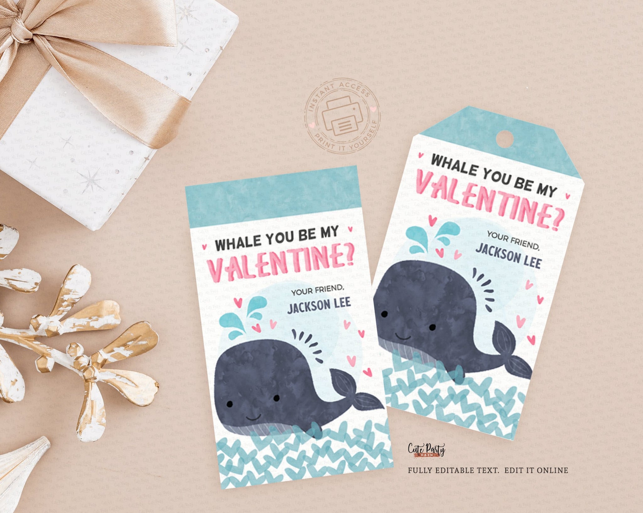 Whale you be my Valentine Valentine's  Day Gift Tag - Digital Download