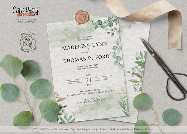 Watercolor Eucalyptus Greenery Wedding Invitation - Digital Download - Cute Party Dash
