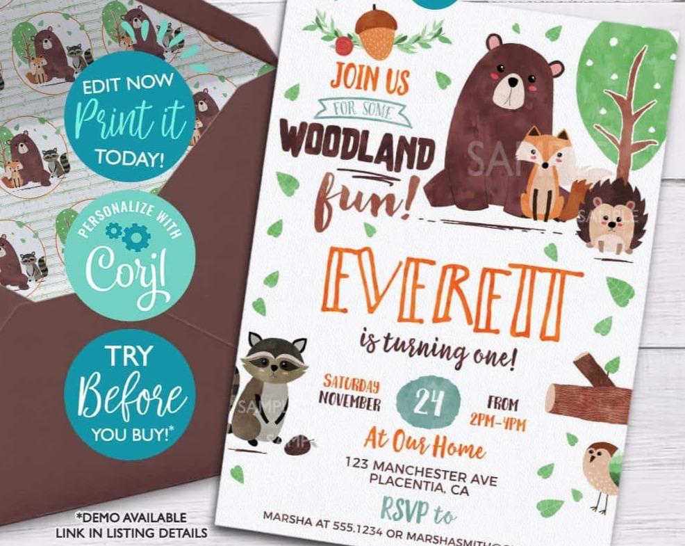 Woodland Birthday Party Invitations - Digital Download - Cute Party Dash
