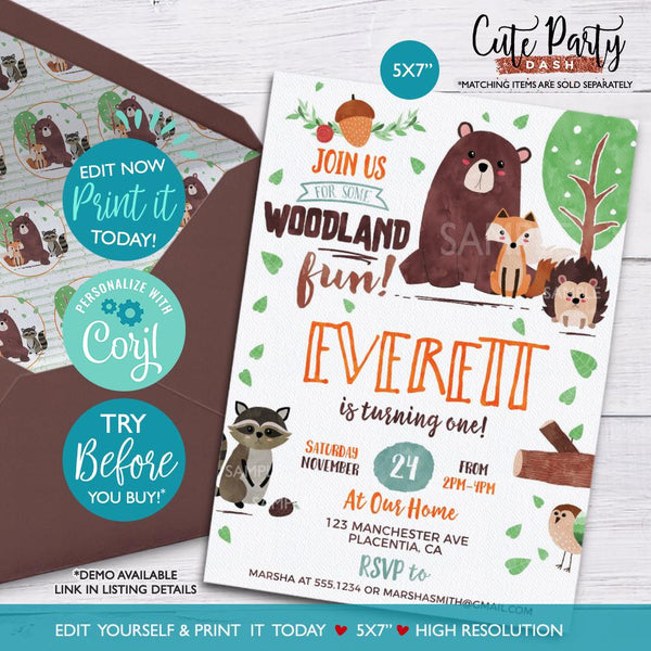 Woodland Birthday Party Invitations - Digital Download - Cute Party Dash