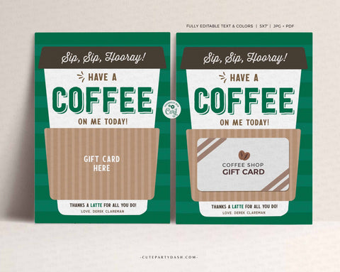 Editable Sip Sip Hooray Coffee Gift Card Holder Template - Digital Download