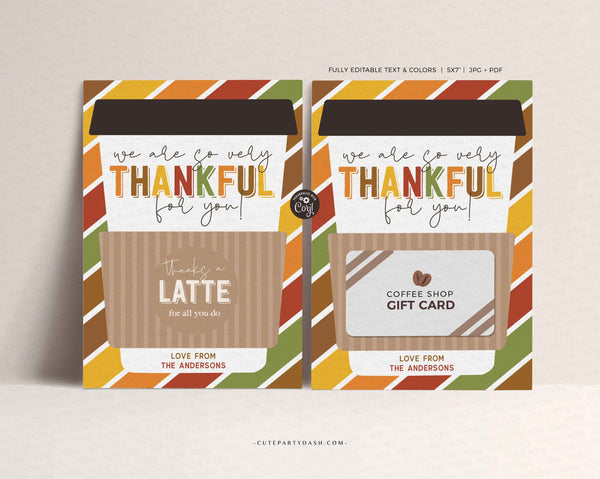 Thanksgiving Thankful for you Coffee Gift Card Holder template - INSTANT Download