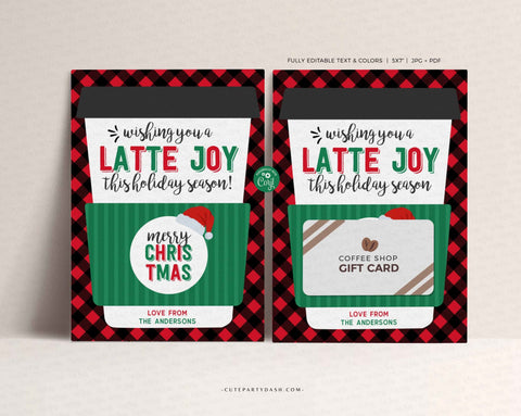 Editable Christmas Wishing you a latte joy this holiday season Coffee Gift Card Holder - INSTANT Download