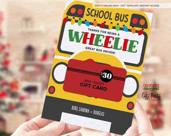 Christmas Bus Driver Thank You Card, Bus Driver Gift Card Holder Appreciation, Wheelie Great Bus Driver Gift Card template - INSTANT Download