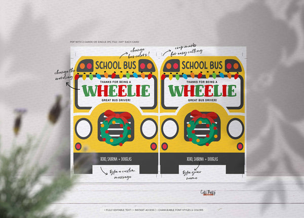 Christmas Bus Driver Thank You Card, Bus Driver Gift Card Holder Appreciation, Wheelie Great Bus Driver Gift Card template - INSTANT Download
