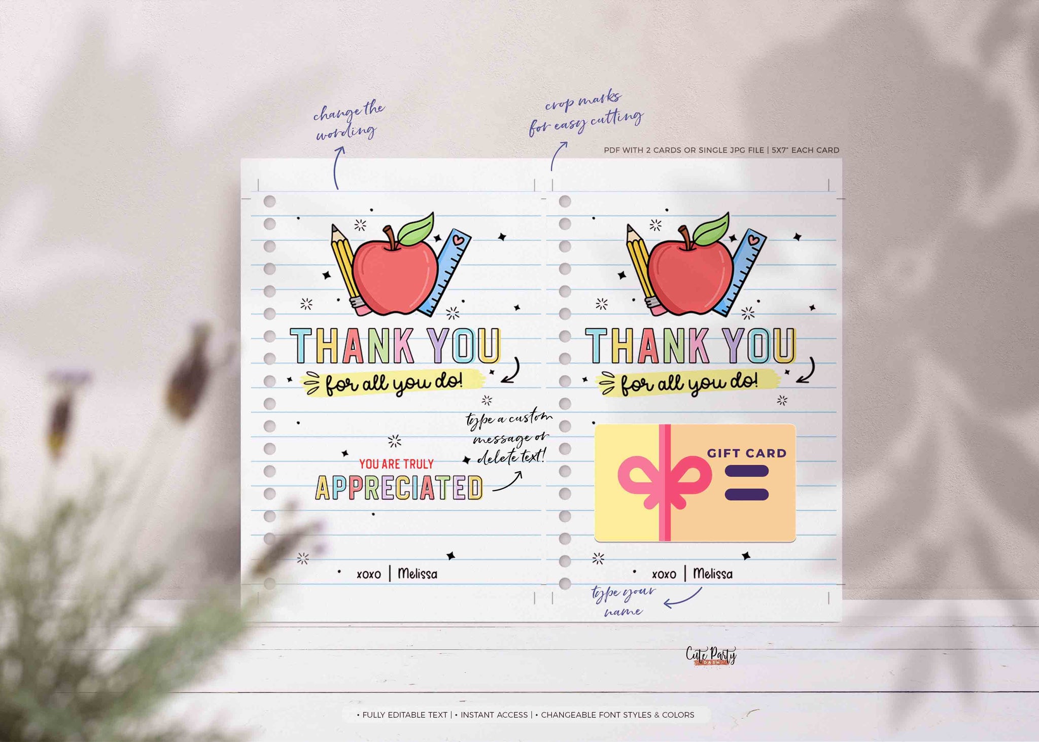 Editable Thank You Gift Card Holder template Printable Teacher Appreci ...