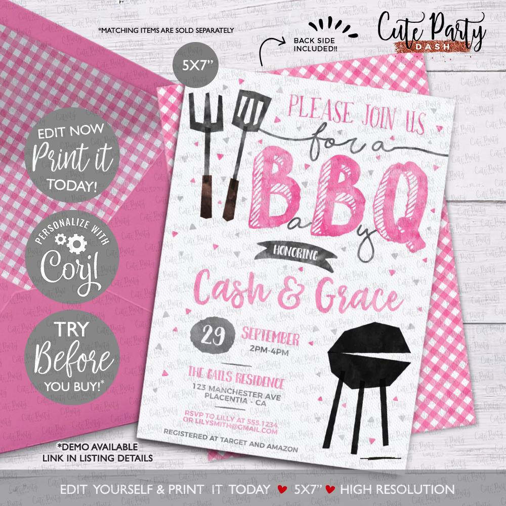 Pink BBQ Baby Shower invitation - Digital Download, image size:1000x1000