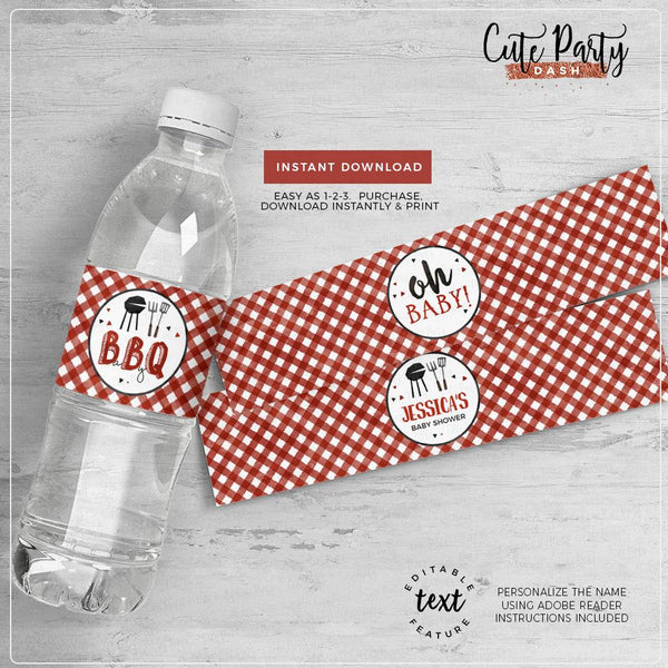 BBQ Baby Shower Water Bottle Labels - Digital Download - Cute Party Dash