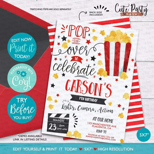 Movie Night Birthday Party Invitation - Digital Download - Cute Party Dash