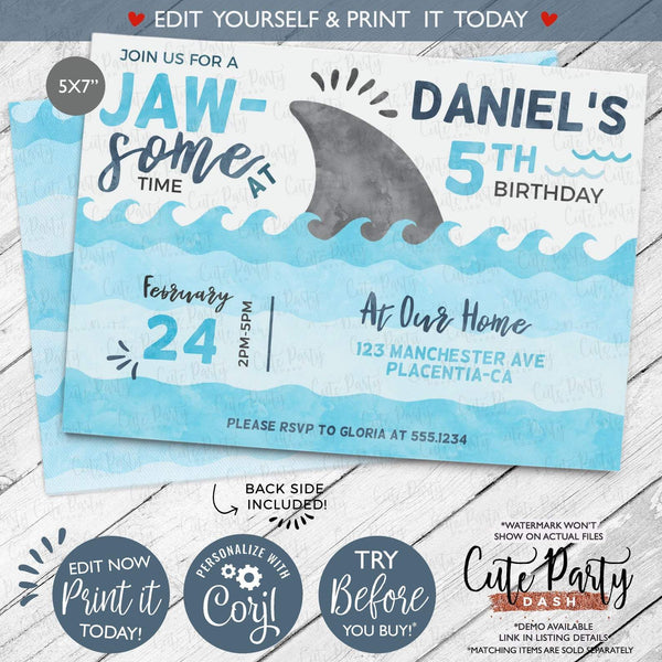 Shark Birthday Party Invitation- Digital Download - Cute Party Dash