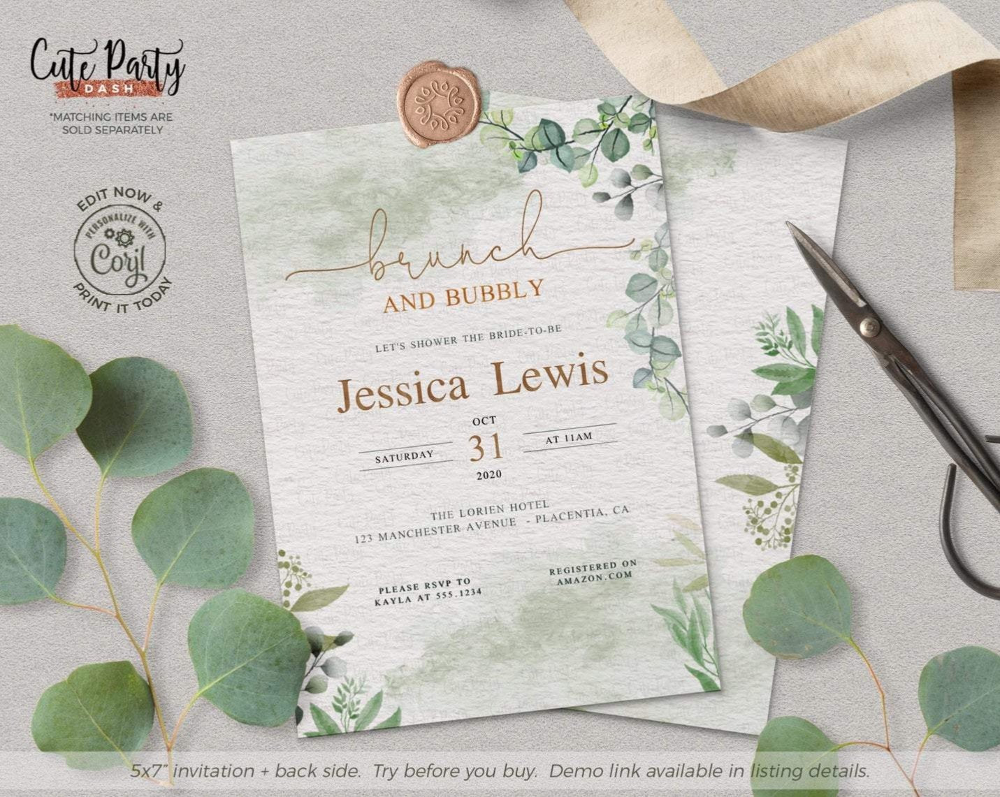 Eucalyptus Bridal Shower Brunch and Bubbly Greenery Invitation - Digital Download - Cute Party Dash