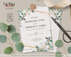 Greenery Geometric Gold Wedding Invitation - Digital Download - Cute Party Dash